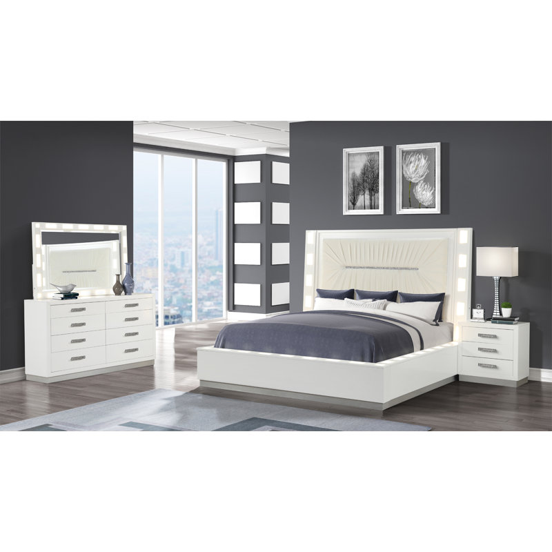Ensemble de chambre à coucher 4 pièces à DEL en bois blanc laiteux