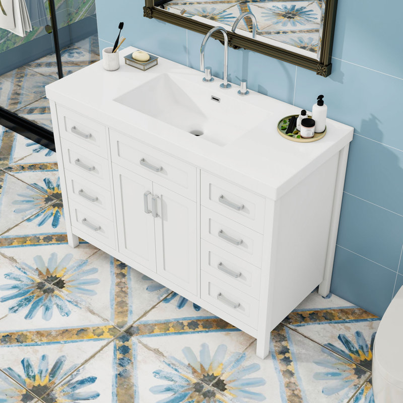 Meuble-lavabo avec lavabo, 8 tiroirs et 2 portes, Blanc