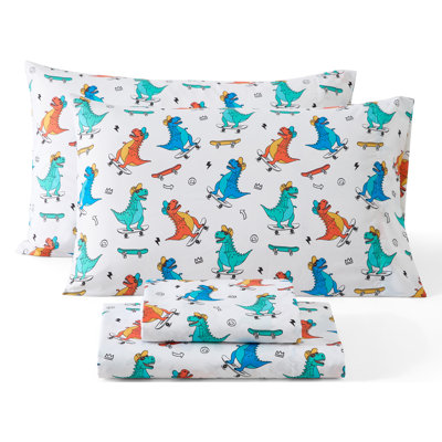 HLC.ME Skateboard Dinosaur Printed Kids Bed Sheets - 3 Piece Patterned Bed Sheet Set - Wrinkle Resistant & Ultra Soft - Fits Mattresses up to 15 Inches Deep - Twin