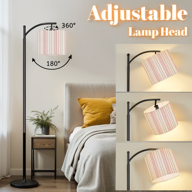Arc Floor Lamp with Adjustable Lampshade Soft Pink Striped Delicate Scalloped Edges Standing Lamp 3 Color Temperatures Dimmable Tall Pole Lamp with Foot Switch for Bedroom