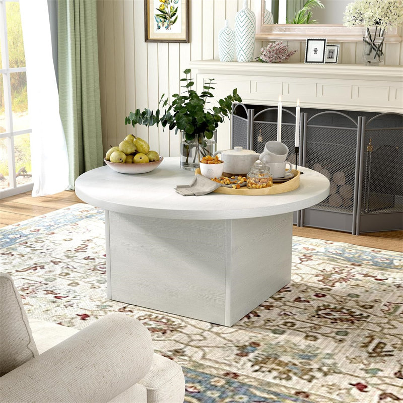 Round Coffee Table,35-Inch Engineered Wood Coffee Table For Living Room,Oak, White Wood