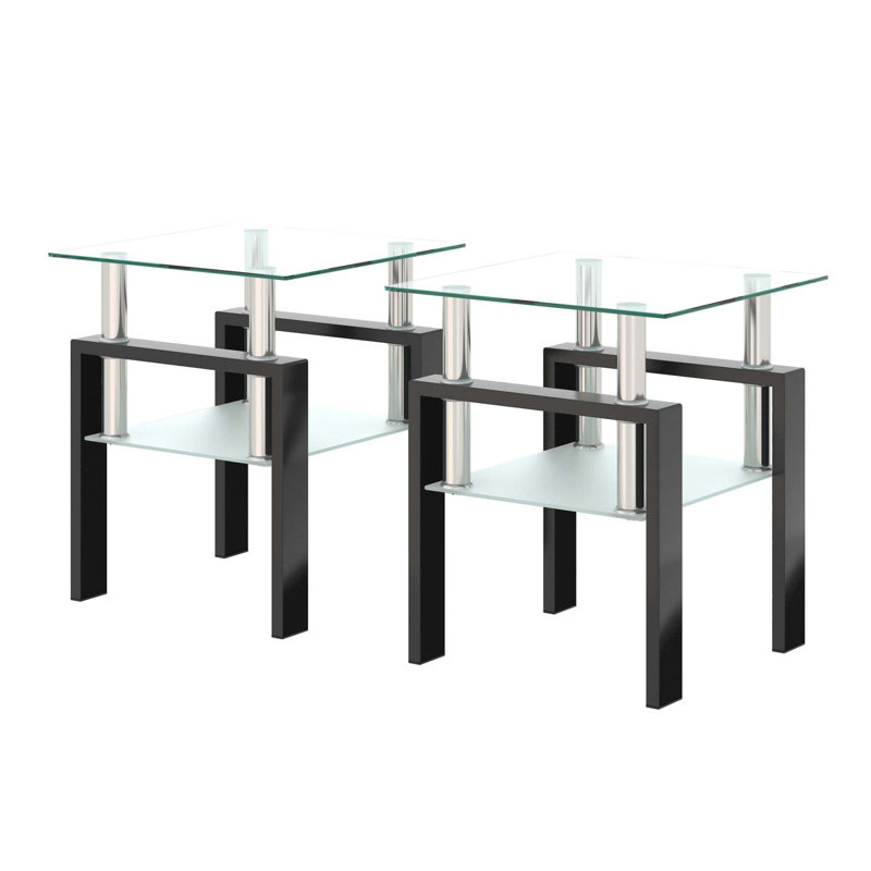 Set Of 2, Modern Tempered Glass Tea Table Coffee Table End Table, Square Table For Living Room, Transparent