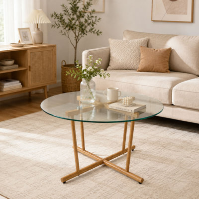 Table basse 27,56 "ronde en verre trempé transparent avec pieds en métal