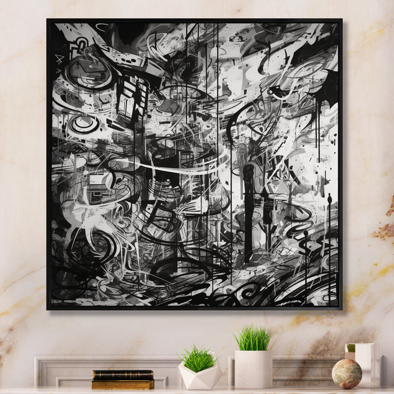 Graffiti noir et blanc cosmique II - art mural abstrait géométrique, H 16 po x l 16 po x P 1 po, Cadre flottant noir