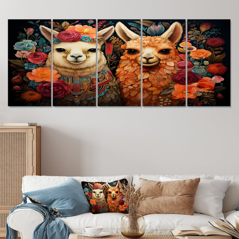 «Orange Fluffy Alpacas Floral Portrait - Alpaca», ensemble de 5 décorations murales, H 28 po x l 60 po