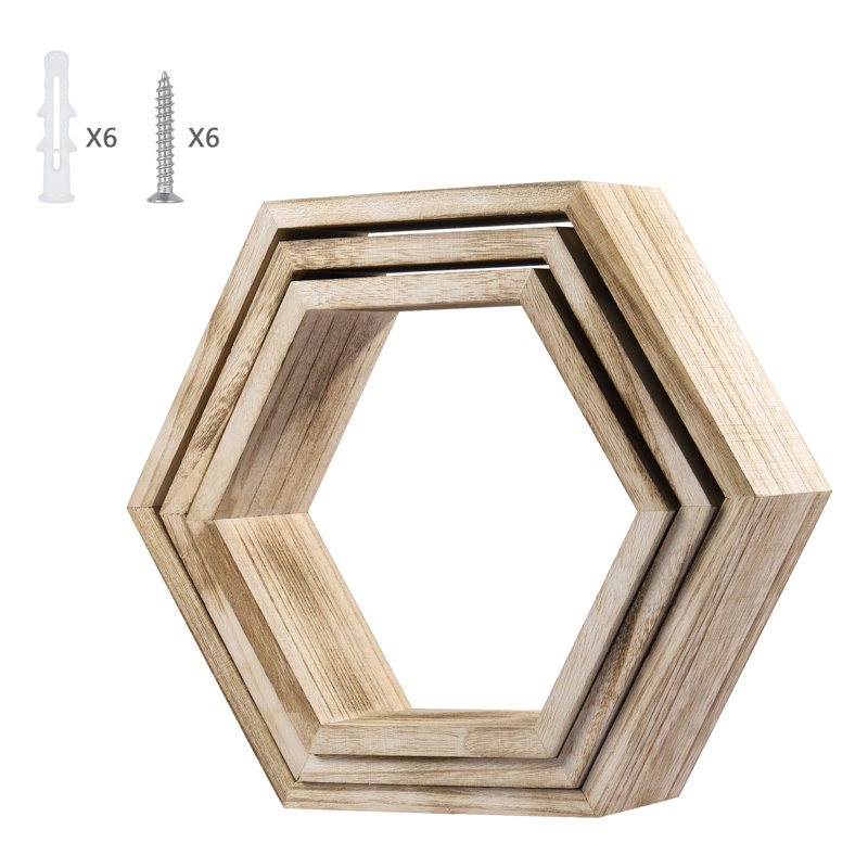 Emeria 3 Piece Hexagon Floating Shelf, Light Natural Wood