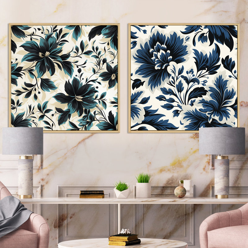 Damas Euphony - Ensemble de 2 collages carrés botaniques abstraits, H 30 po x l 61 po, Cadre flottant brun