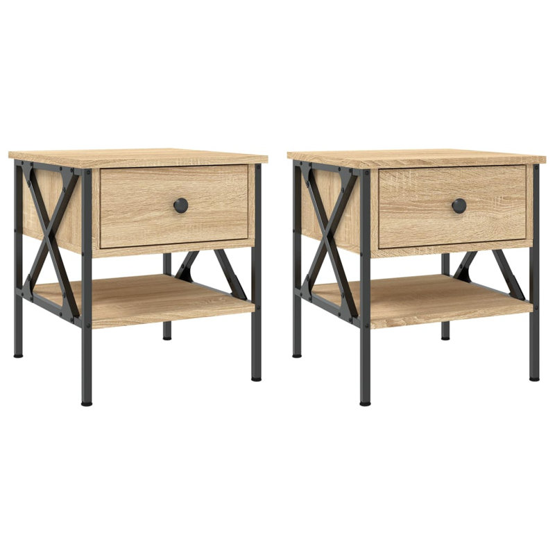 Tahnaout 40cm W Iron Bedside Table, Sonoma Oak, Set of 2