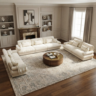 3-Piece Velvet 7-Seat Living Room Set with Deep Cushions, Bolster Arms and Accent Pillows, Ivory Cream