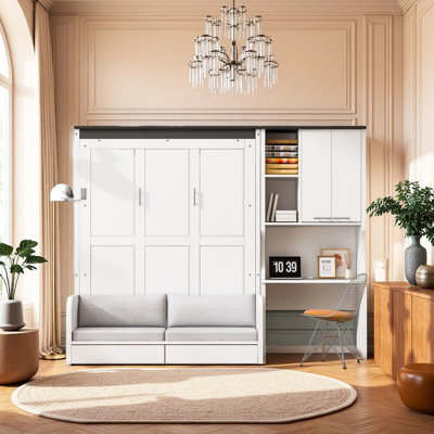 Lit escamotable multifonctionnel avec canapé, bureau et armoire de rangement - Lit mural pliable peu encombrant, pleine grandeur