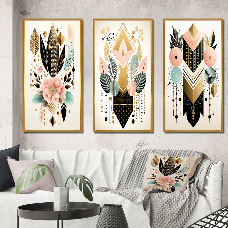 «Boho Chic Floral Geometric Retro Illustration I», 3 pièces sur toile, Cadre flottant doré, H 40 po x l 60 po