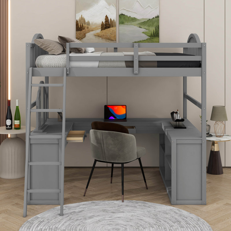 Lit mezzanine double en bois avec bureau en U, gris