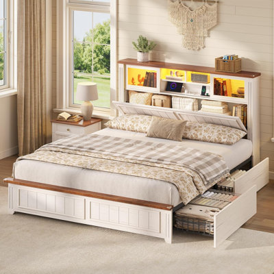 Full Size Farmhouse Storage Platform Bed with LED Light, Hidden Storage Headboard & 4 Drawers, Antiique White