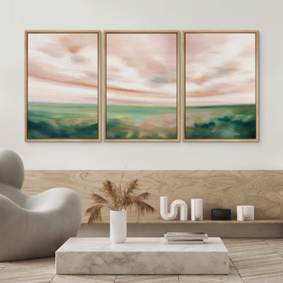 " Pastel Watercolor Pink Cloud Sky Green Countryside Hill Abstract Landscape Rustic Art Decor Scenic " 3 - Pieces on Canvas