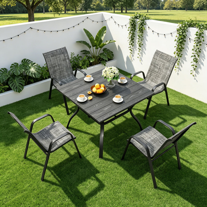 5-Piece Patio Dining Set With Ergonomic Stacking Chairs And Dining Table, Gray