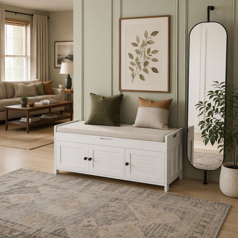 Banc de rangement avec 3 portes en forme de volet, banc à chaussures avec rangement caché, White, Beige