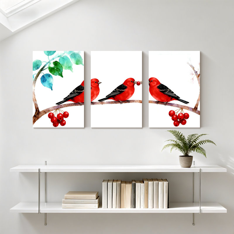 Oiseaux oiseaux rouges sur une branche avec baies et feuilles, ensemble de 3 impressions sur toile, H 18 po x l 36 po