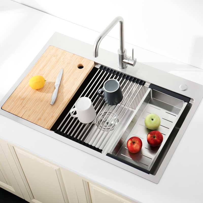 304 Stainless Steel Sink, 30"X22", Single Bowl Overmount, Enchanting Brushed Finish, With Cutting Board, Colander, And Resilient Coating Kitchen Fine Drip