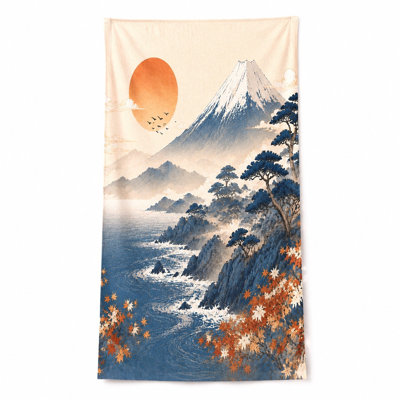 1 tapisserie de paysage du Mont Fuji, mettant en vedette une scène côtière sereine avec une majestueuse montagne enneigée, un océan bleu profond et des accents floraux éclatants dans un style d'art japonais classique. Parfait pour la décoration intérieure, la décoration murale ou comme cadeau unique