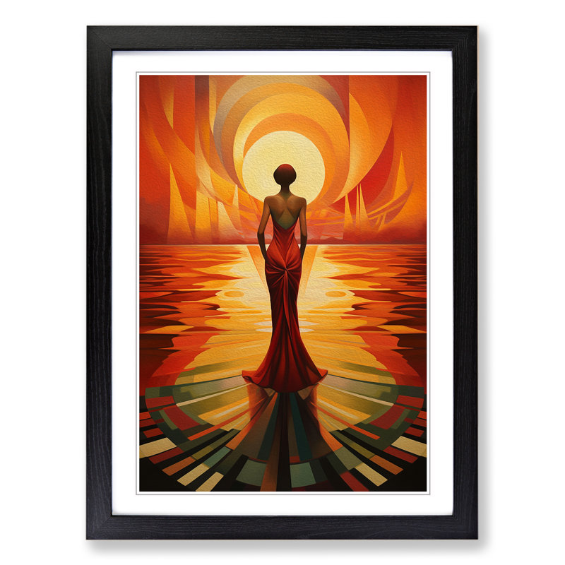 Sunset Art Deco - Single Picture Frame Print on Wood, 34cm H x 25cm W x 2cm D, Black