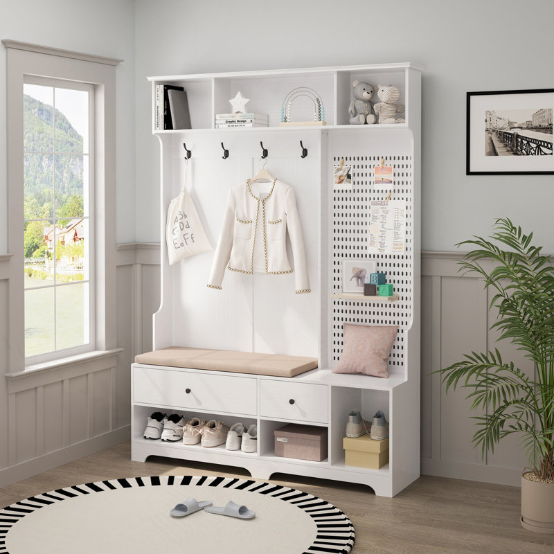 Arbre d'entrée polyvalent avec banc d'entrée en lin amovible, portemanteau, tablettes de rangement et panneau perforé pour le couloir, pour le couloir, le salon, blanc
