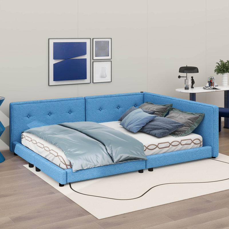 Lit plateforme tapissier avec ports USB intégrés, Bleu, Grand lit