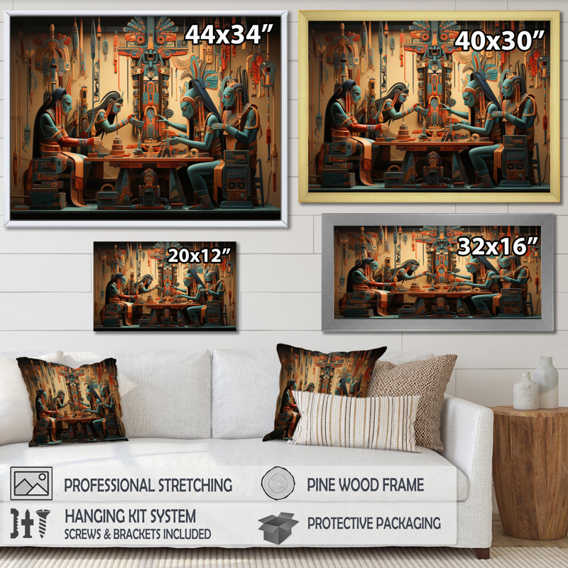 Art amérindien tissant la tapisserie - impression, H 16 po x l 32 po x P 1 po, Cadre flottant noir