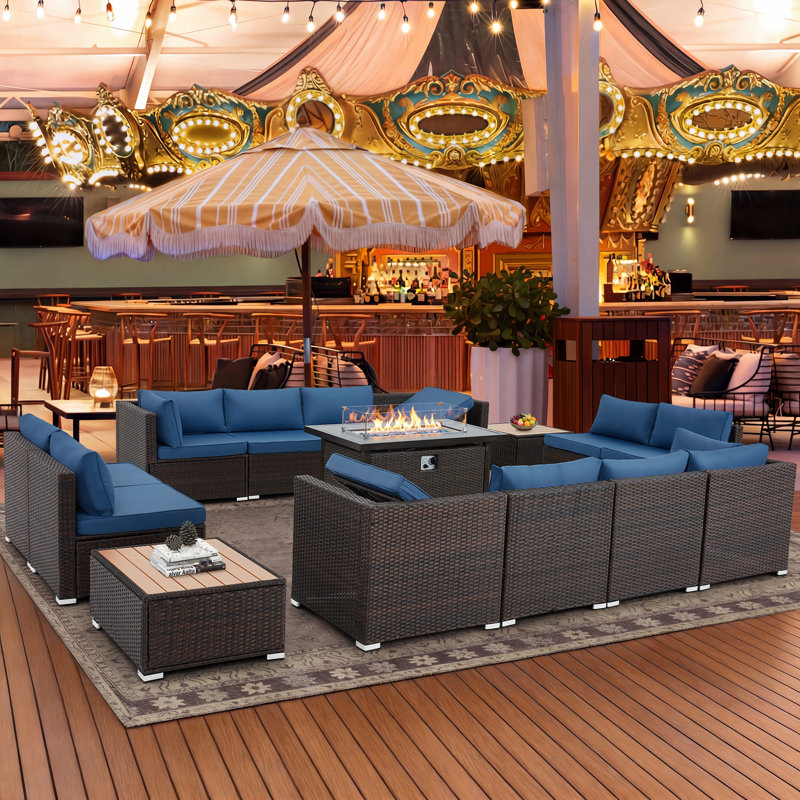 12 - Person Outdoor Wicker Patio Conversation Furniture Set with Fire Pit Table, Blue