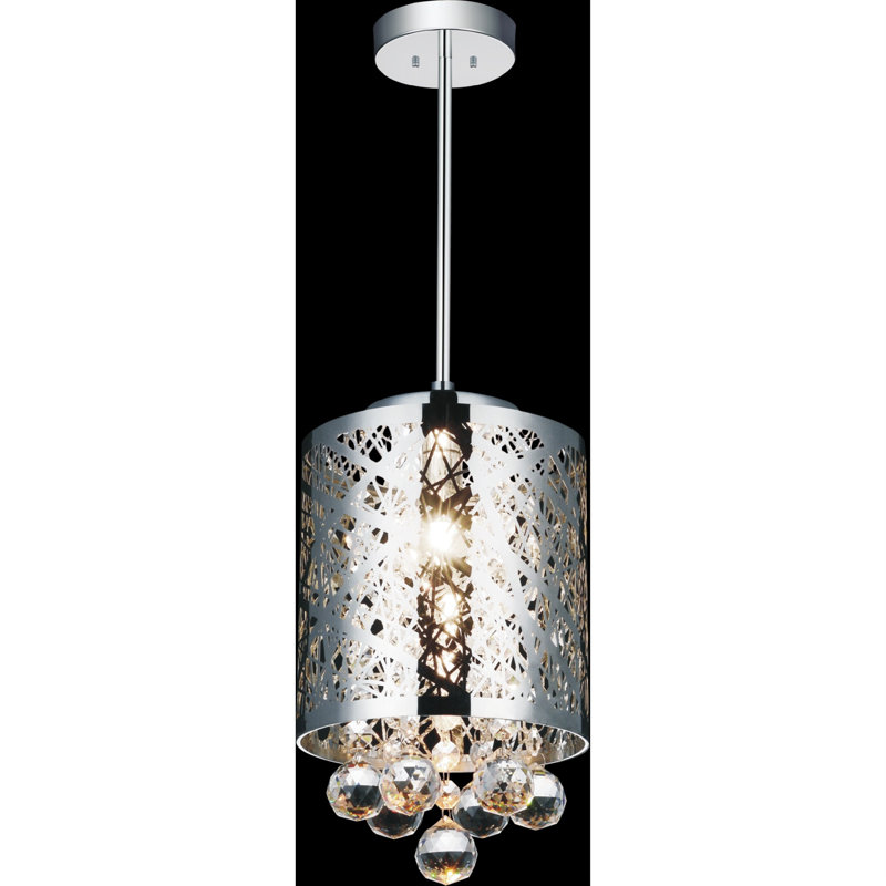 6" 1-Light Mini Pendant for Kitchen Island, Breakfast Nook, Bar – Chrome Drum Shade with Crystal Beads – Modern Glam Chandelier