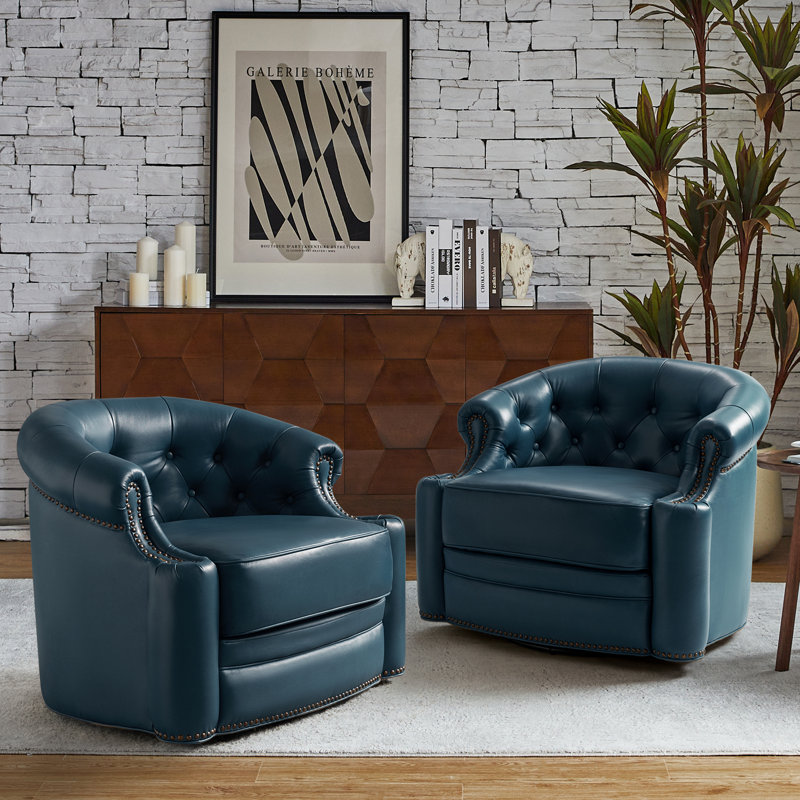 Ensemble de 2 chaises pivotantes en cuir véritable Tinsleigh (ensemble de 2), Cuir véritable turquoise