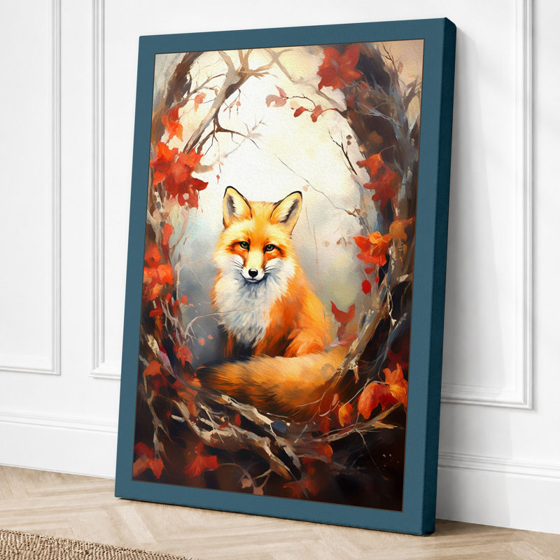 Fox In Autumn Light Boho - Print, 24x16 - 61.0 x 40.6 cm, Teal Border