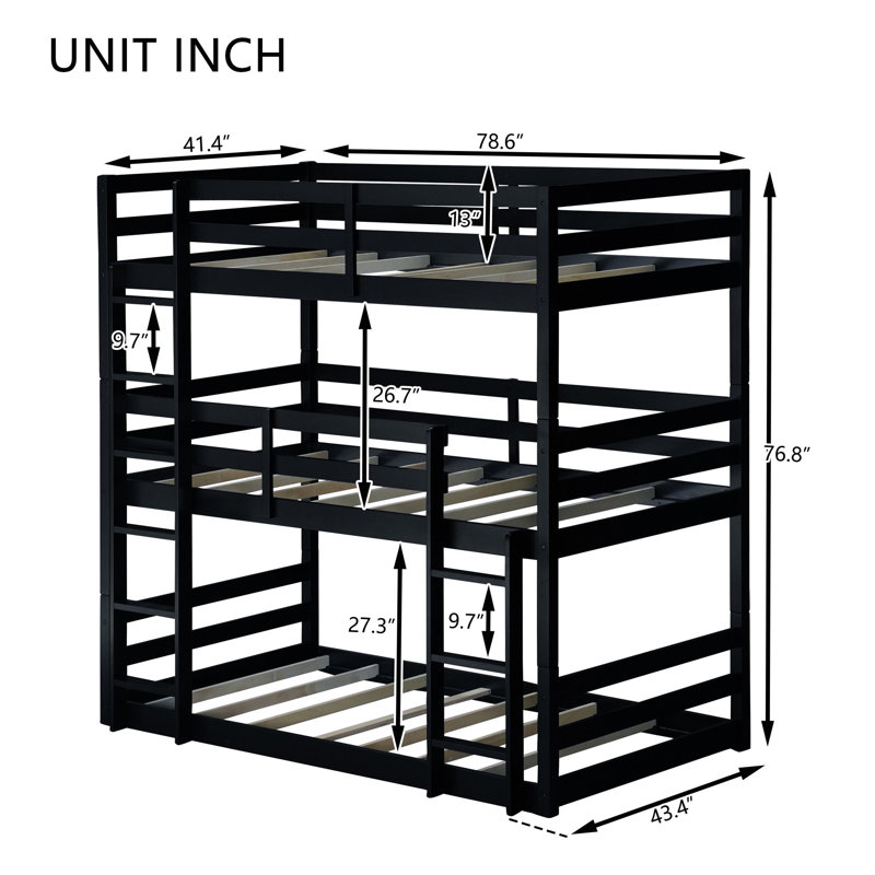Lit superposé triple en bois massif avec échelles, lit superposé simple au-dessus d'un lit simple pour garçons et filles