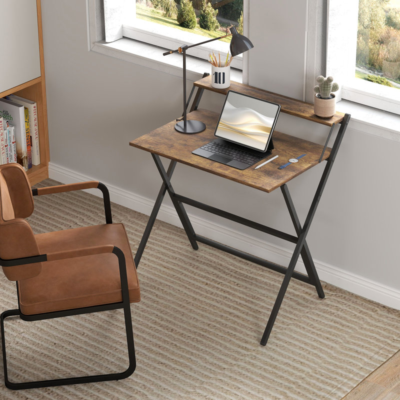 HOMCOM Folding Desk with Monitor Shelf Foldable 70 cm Natural Wood Finish, 86.5cm H x 81.5cm W x 62cm D, Walnut/Black