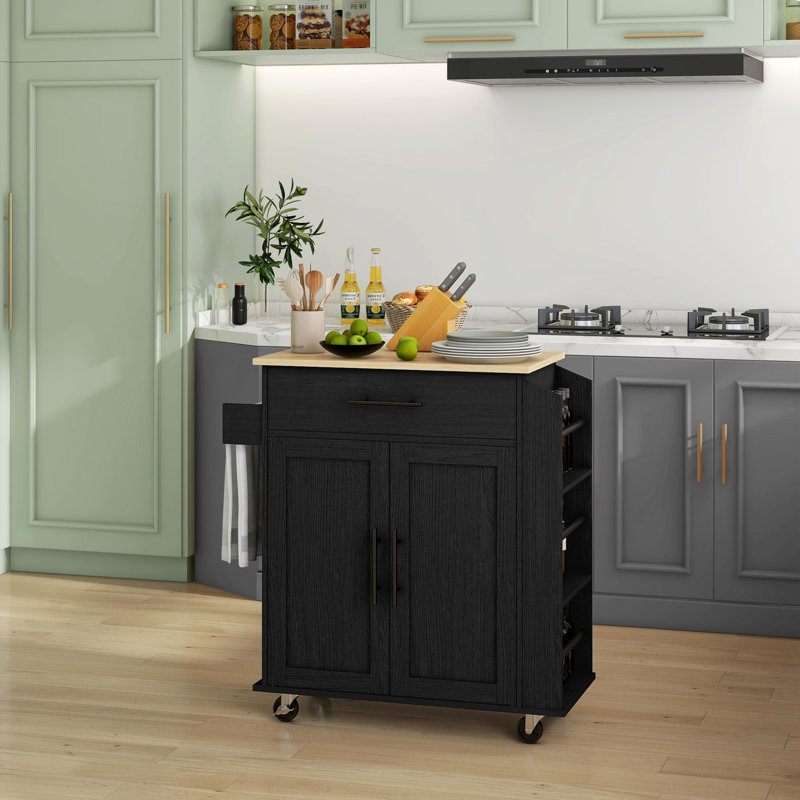 Black Kitchen Island Cart With Ac Outlets, Ports, Storage, Microwave Stand, Towel Rack & Spice Rolling Outlets , And Rack,