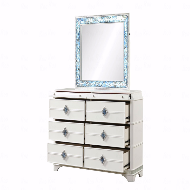Commode à 6 tiroirs de style moderne en bois, tiroir à bijoux caché et décorations en cristal