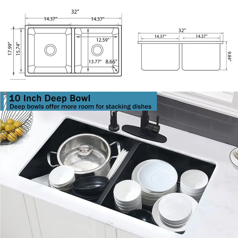 Évier de cuisine à double cuve encastrable 33 po x l 18 po avec crépine