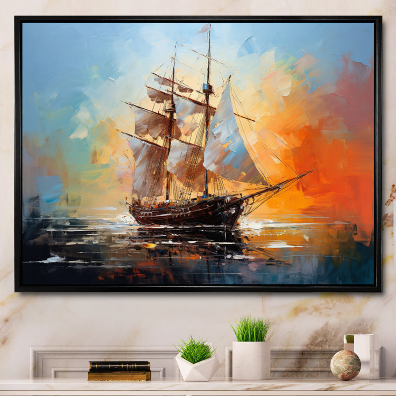 Voilier et mélodie IV sur toile, H 24 po x l 32 po x P 1 po, Cadre flottant noir