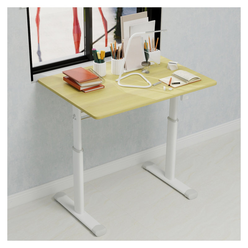 Bureau debout à hauteur ajustable - Bureau à hauteur réglable à manivelle, bureau d'ordinateur ergonomique compact avec plateau en bois naturel, cadre blanc (60 cm x 80 cm) - Convient aux adultes et aux enfants