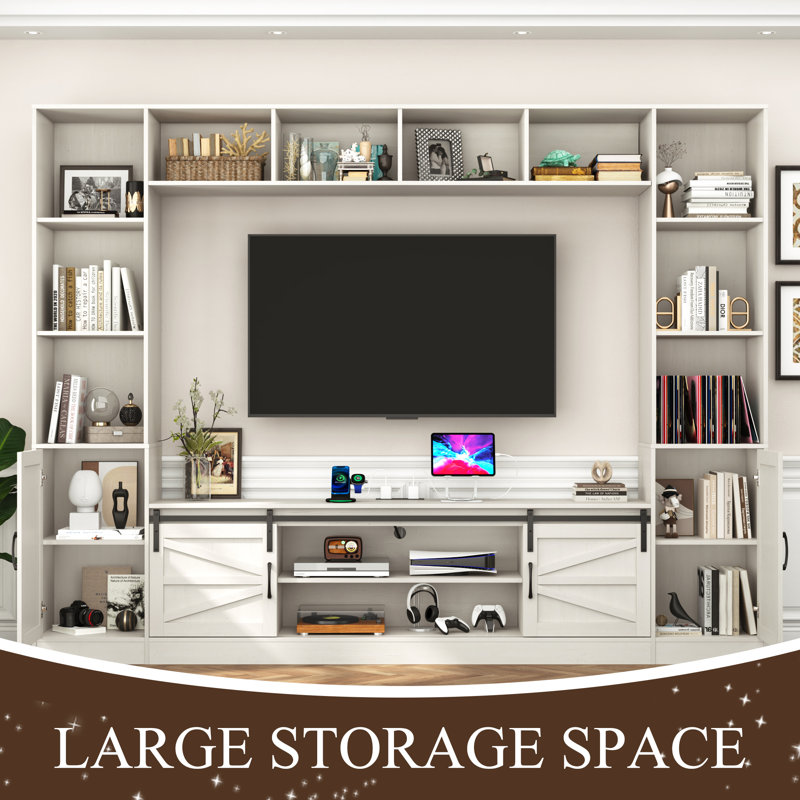 Entertainment Center/TV Stand For Tvs Up To 80" With Charging Station, Sliding Barn Door Cabinets, And Bookcase, White
