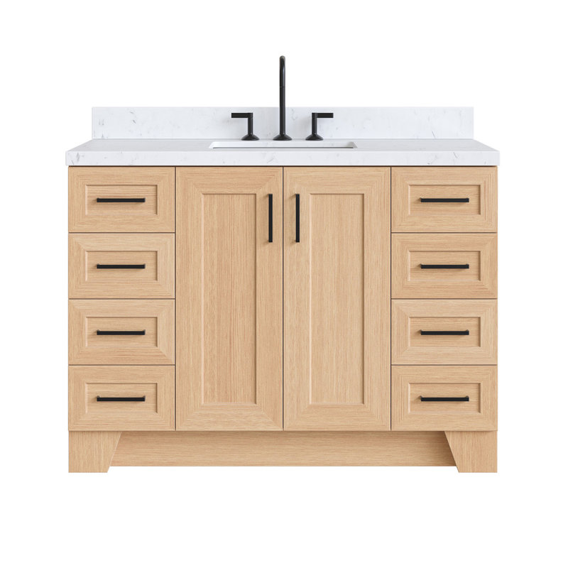 Freitas 48'' Solid Wood Single Bathroom Vanity, Rectangle, Natural Oak, Carrara Quartz
