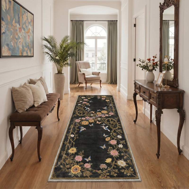 Alfred Avianora Floral Machine Washable Black Indoor Area Rug with Non-Slip Backing, Runner 2'3" x 6'
