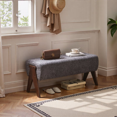 Modern Decorative Chenille Fabric Bench, Ergonomic Padded Entry Bench with Solid Wood Legs, Upholstered Ottoman Bench