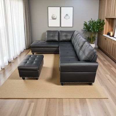Faux Leather Sectional Sofa With Ottoman