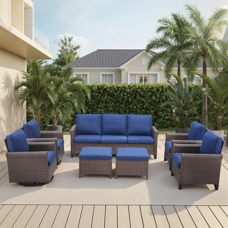 7-Piece Outdoor Wicker Conversation Set with Sofa, Swivel Chairs and Ottomans, Blue