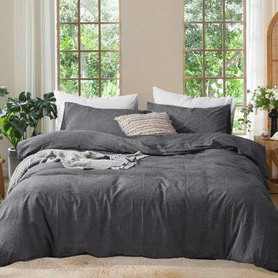 MooMee 100% Washed Cotton Duvet Cover Set Linen Like Textured