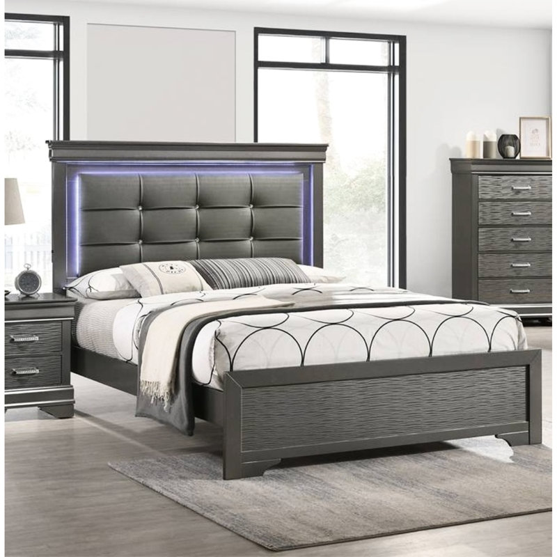 Grand lit avec similicuir gris, capitonnage à boutons carrés et lumières à DEL, tête de lit moderne pour aménagement de chambre à coucher, amélioration de l'espace