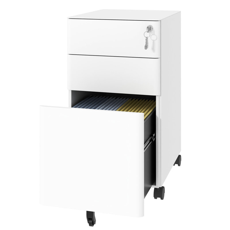 White 3 Mobile File Cabinet With Lock, All Metal Storage On Wheels, Office Storage, Two Shallow & One Deep Drawer, Fully Assembled, , 110Lbs/Drawer, Quick Setup Organization Helper, Easy