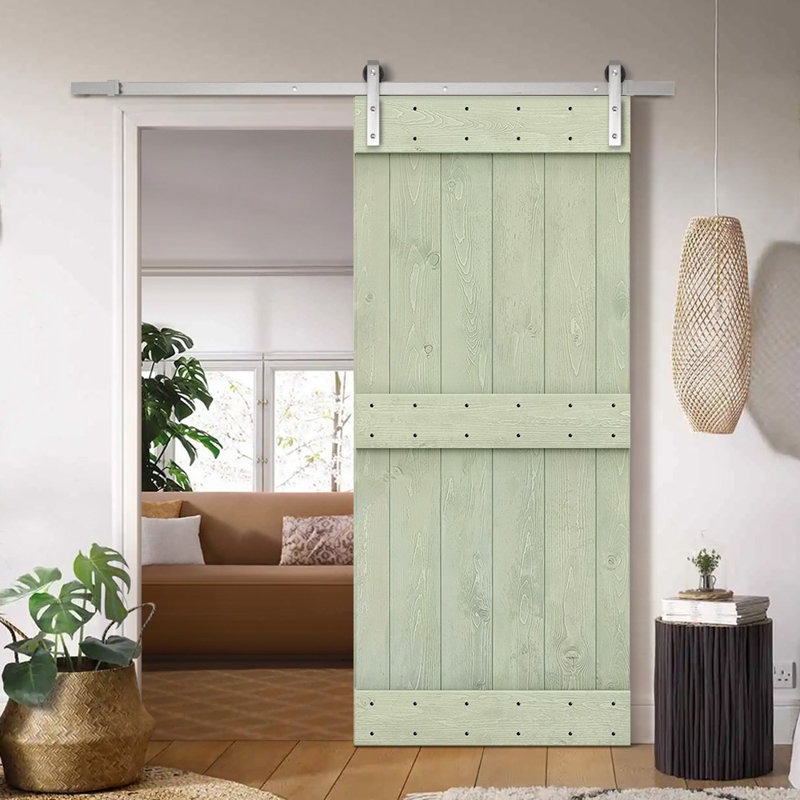 Porte de grange peinte à panneaux en bois et métal avec ensemble de quincaillerie d’installation, Vert sauge, 24 po x 84 po