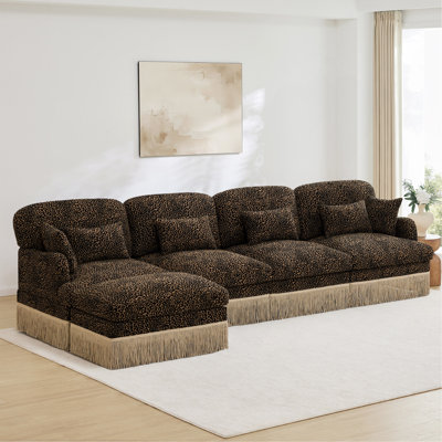 Canapé en forme de L 131 po en chenille confortable à imprimé léopard, bord à pampille délicat, repose-pieds mobile, style moderne, dossier et siège ergonomiques, assemblage facile, siège profond pour le salon