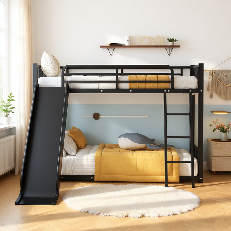 Twin over Twin Metal Bunk Bed with Slide and Ladder, Space-Saving Design with Safety Guardrails for Kids Bedroom, Black
